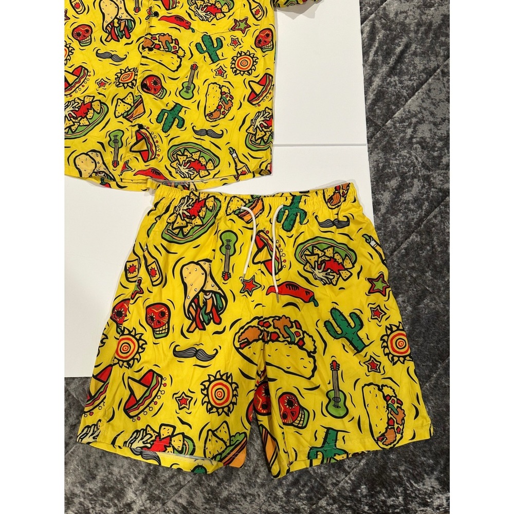 Mexican Food Print Top/Short Set Men's Size Medium Yellow EUC - Picture 8 of 11